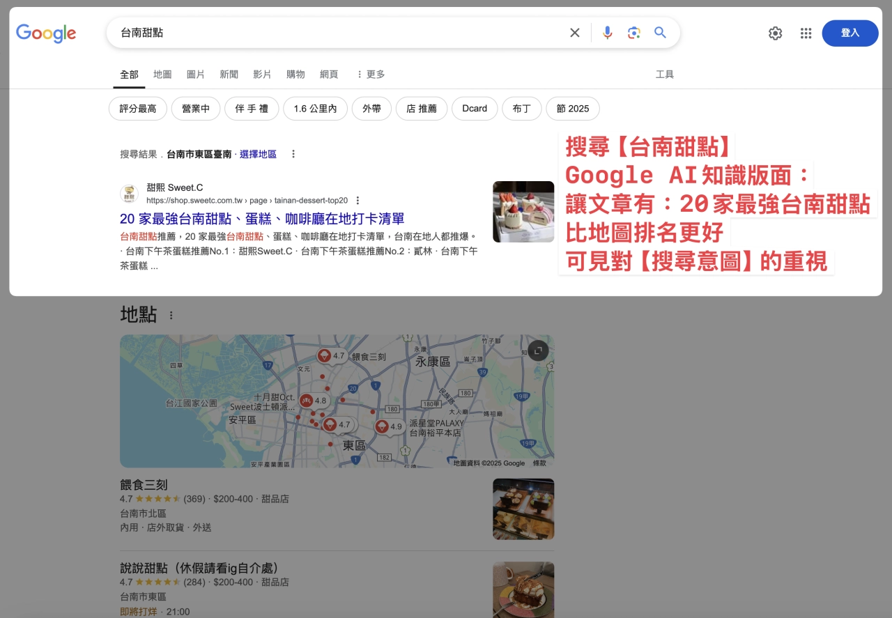 搜尋台南甜點，文章比地圖排更前